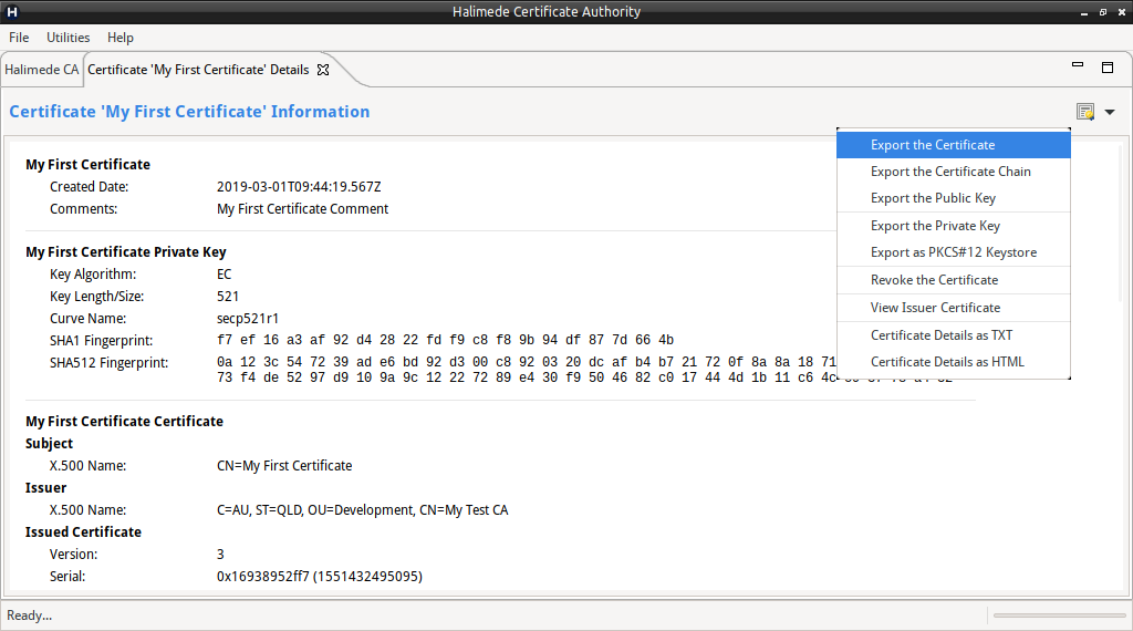 Certificate Menu